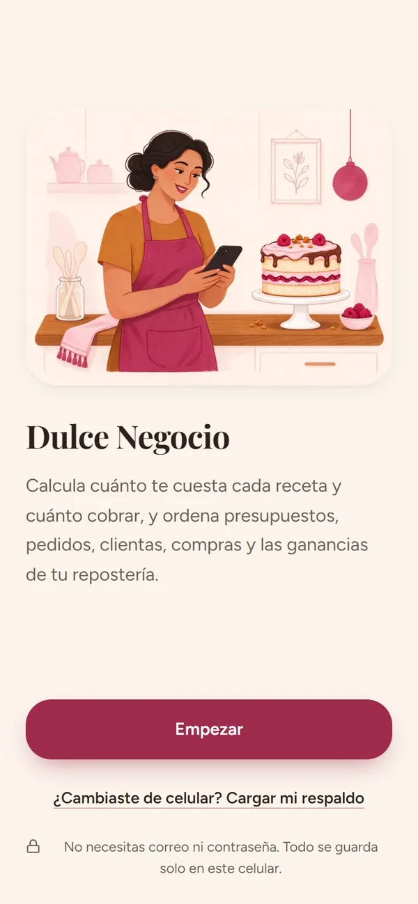 Captura real de Dulce Negocio: bienvenida (sin cuentas ni contraseñas)