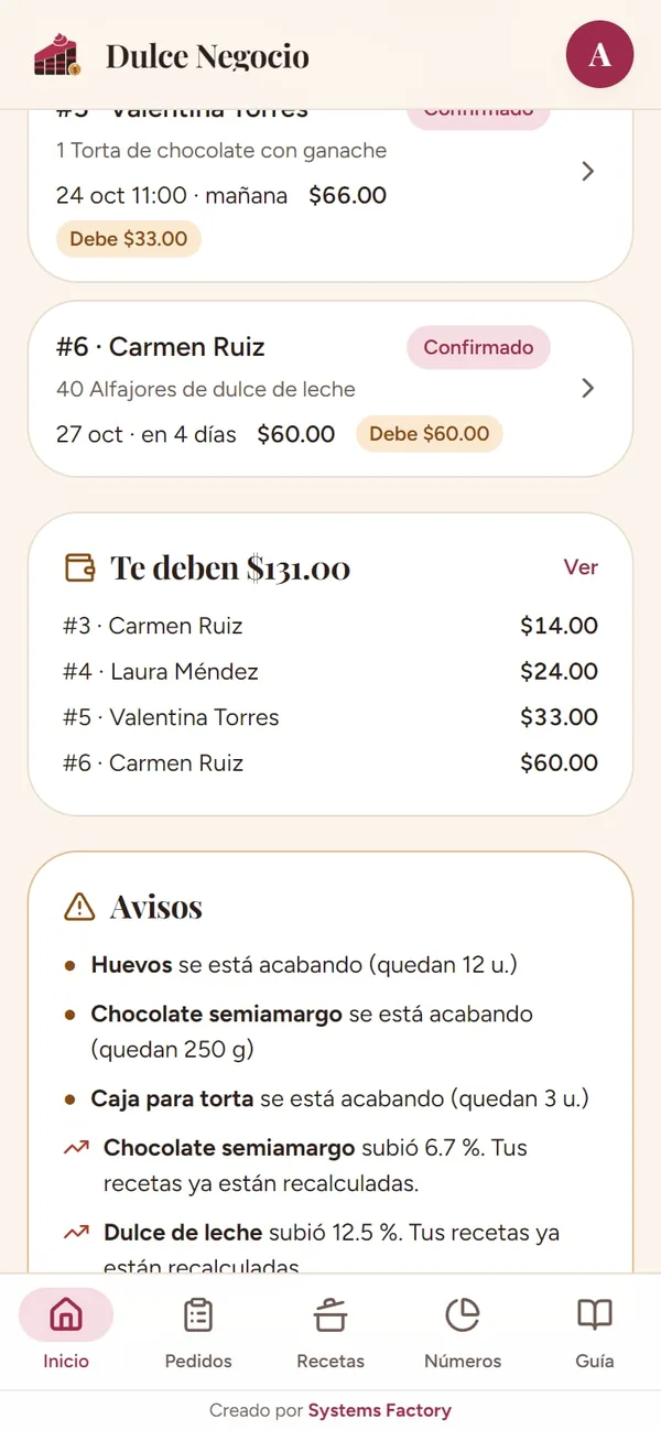 Captura real de Dulce Negocio: avisos (entregas, cobros y precios que suben)