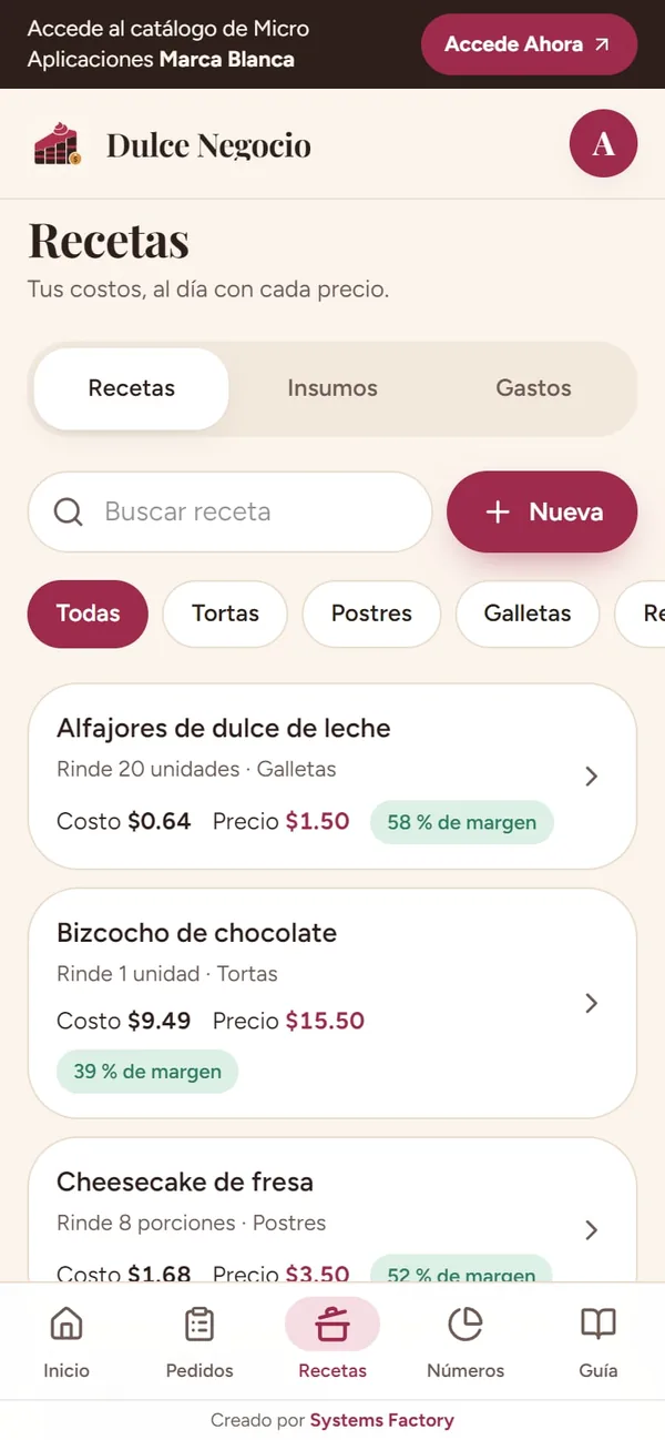 Captura real de Recetas en Dulce Negocio: costo, precio y margen de cada receta