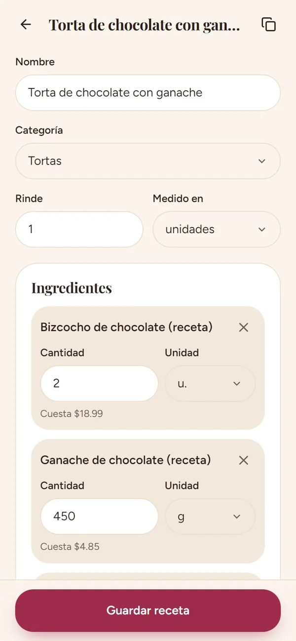 Captura real de Dulce Negocio: una receta (con otras recetas adentro)