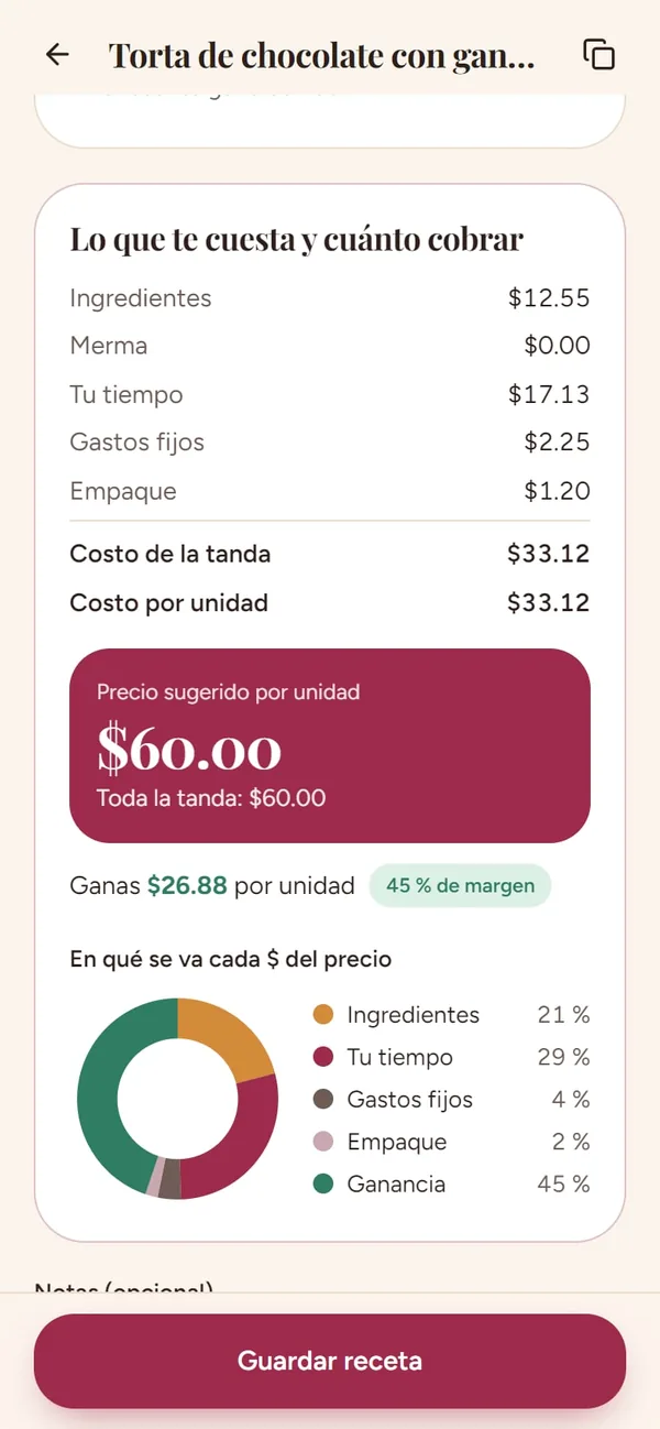 Captura real de Dulce Negocio: cuánto cobrar (los 5 costos y el precio sugerido)