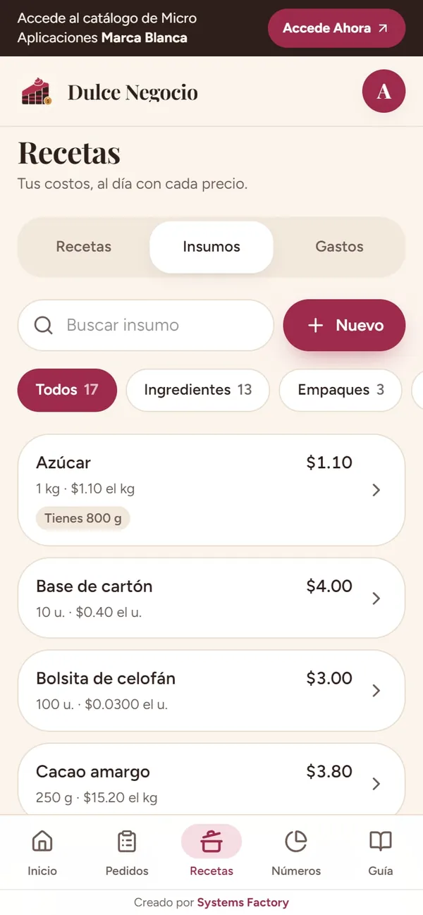 Captura real de Dulce Negocio: insumos (como los compra, con su stock)