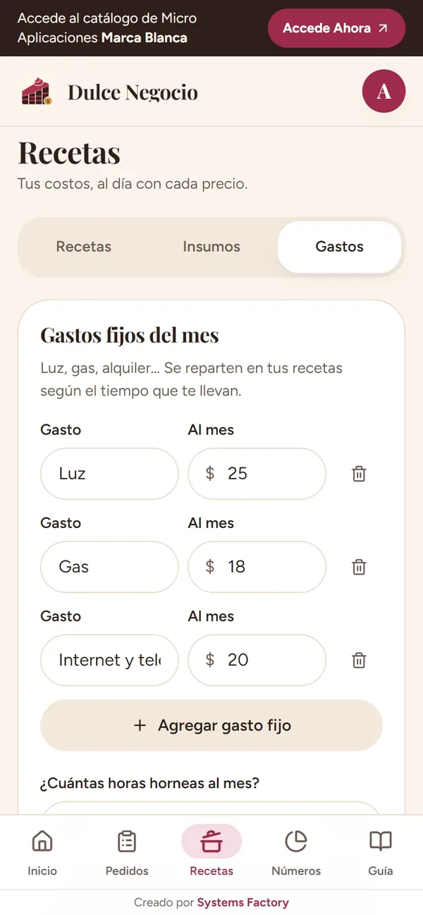 Captura real de Dulce Negocio: gastos fijos (luz, gas y alquiler, repartidos)