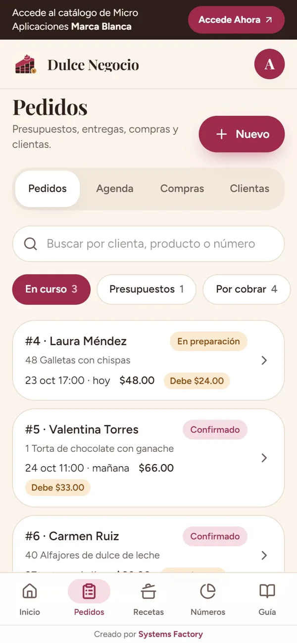 Captura real de Dulce Negocio: pedidos (en curso, presupuestos y por cobrar)