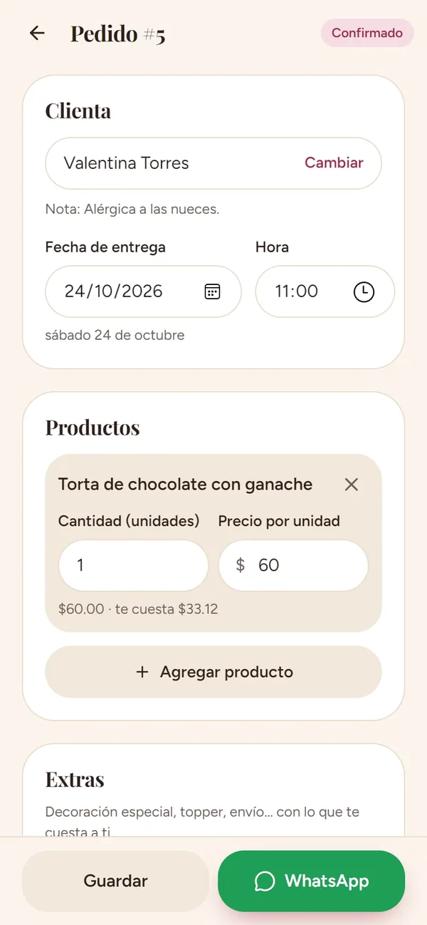 Captura real de Dulce Negocio: un pedido (clienta, fecha y productos)