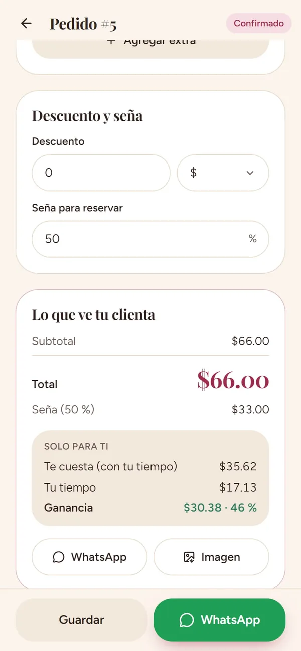 Captura real de Dulce Negocio: seña y saldo (lo que paga la clienta y lo que gana)