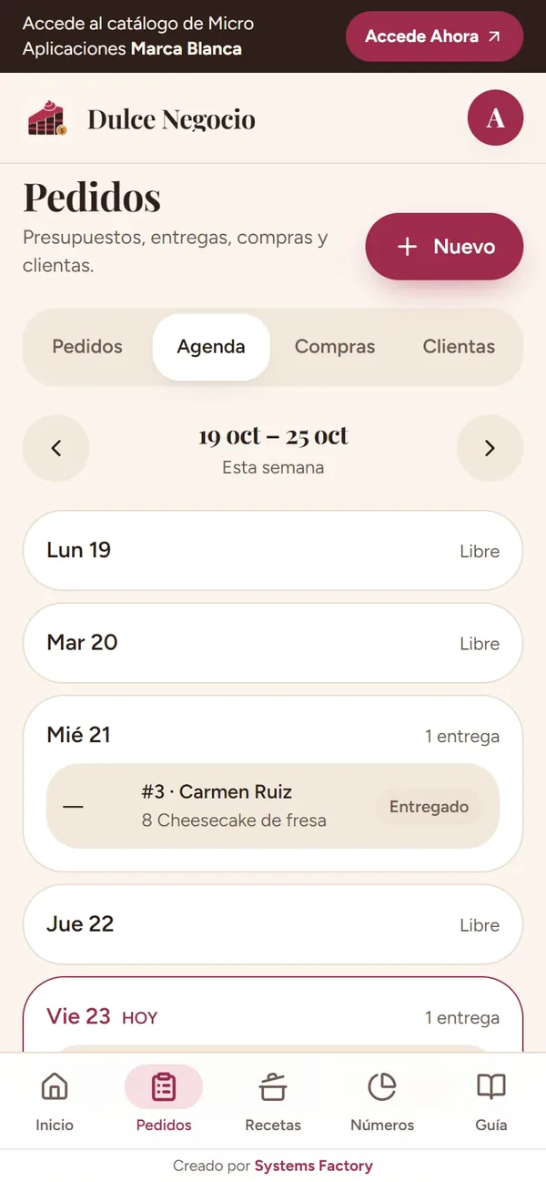 Captura real de Dulce Negocio: agenda (las entregas de la semana)