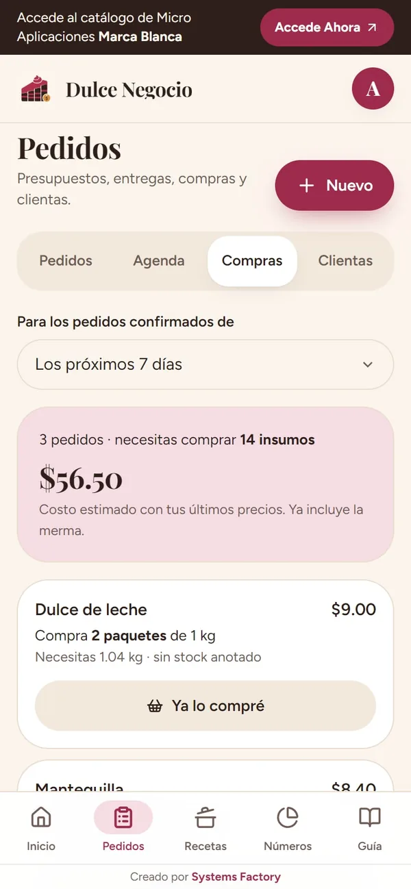 Captura real de Dulce Negocio: lista de compras (lo que falta, contra su stock)