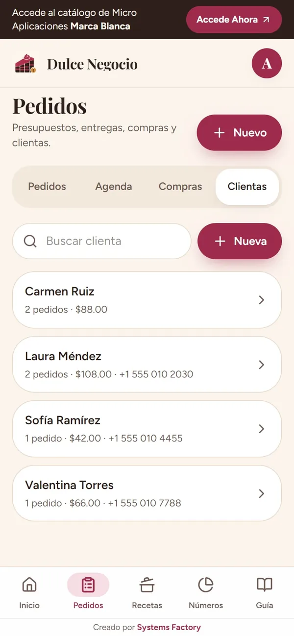 Captura real de Dulce Negocio: clientas (con sus pedidos y su whatsapp)