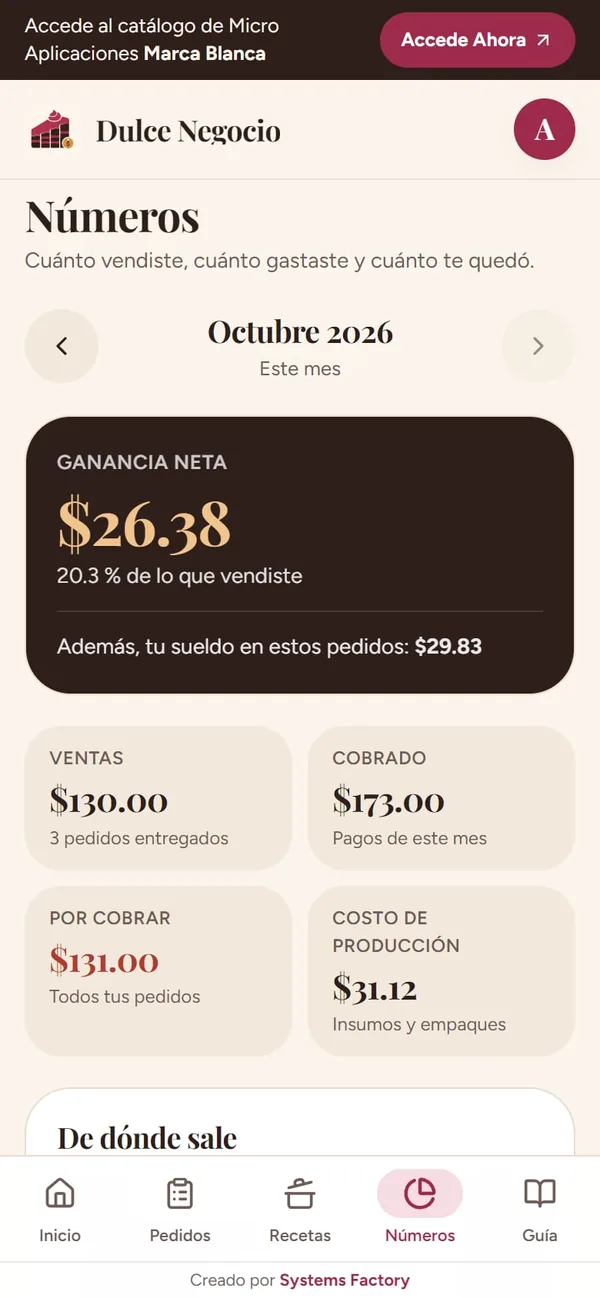 Captura real de Dulce Negocio: números del mes (ganancia neta y margen)