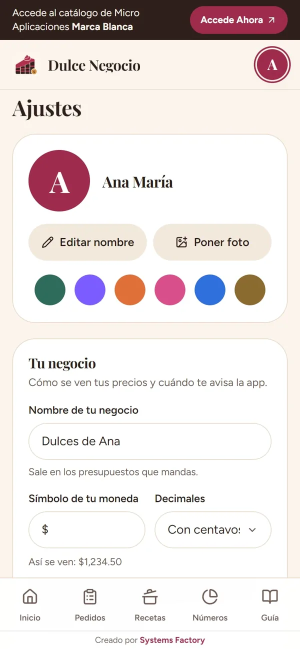 Captura real de Dulce Negocio: su negocio (moneda, redondeo y valor hora)