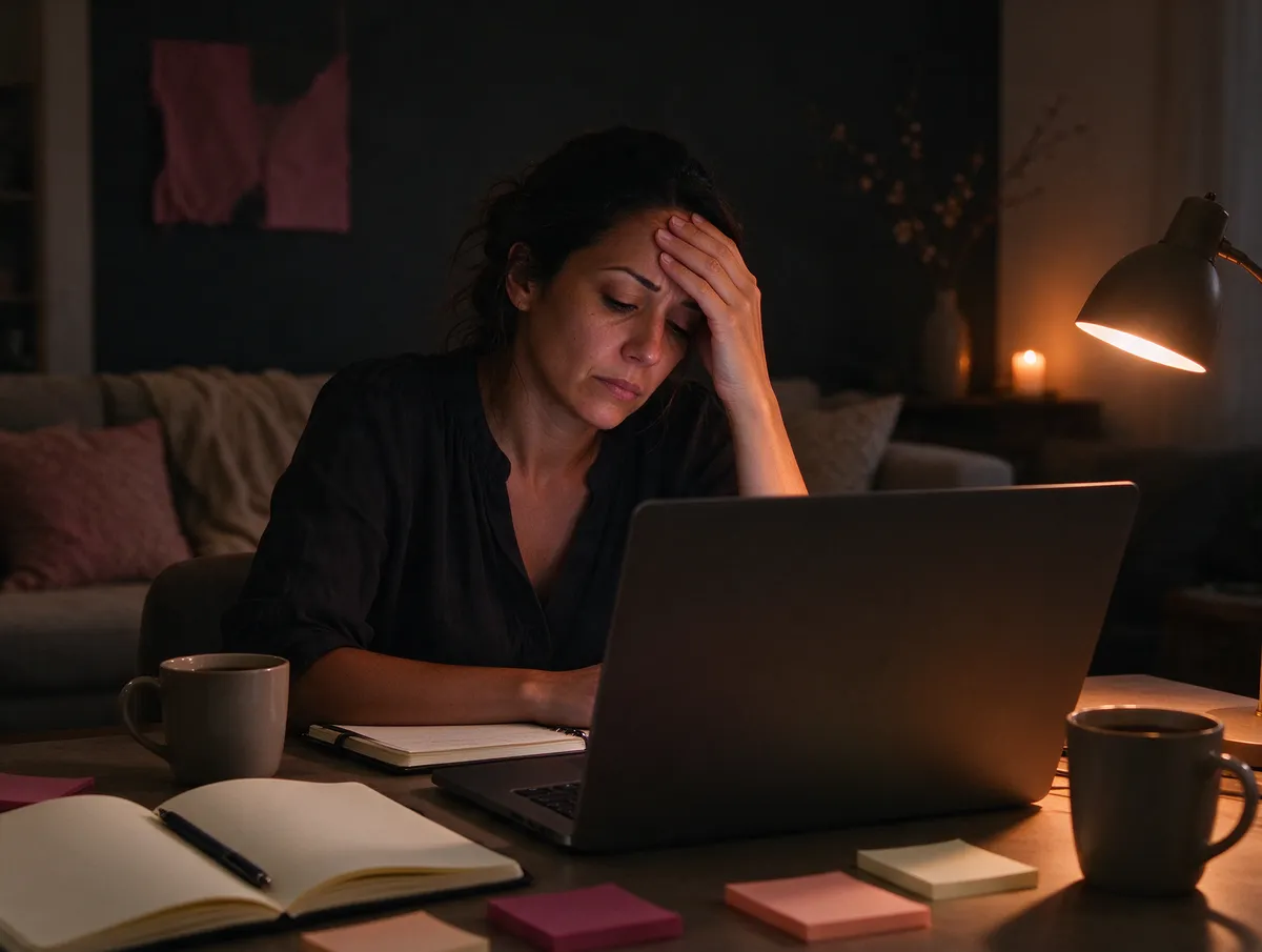 Una emprendedora agotada de noche frente a su computadora portátil, con notas y tazas de café