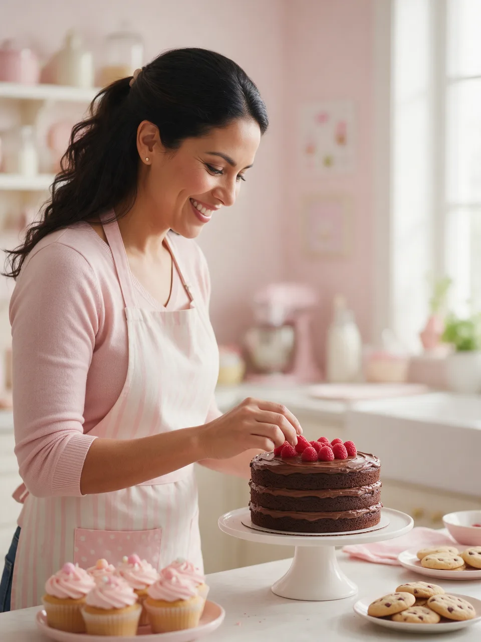 Una repostera sonriente decora una torta de chocolate con frambuesas en su cocina