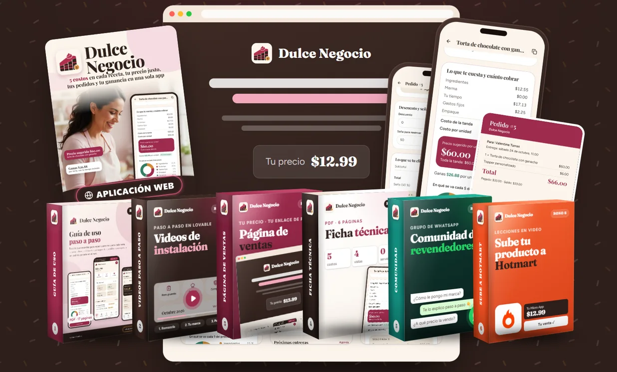 Todo lo que recibes: la Micro App Dulce Negocio con su portada, su página de ventas, un presupuesto real que genera y los 6 bonos